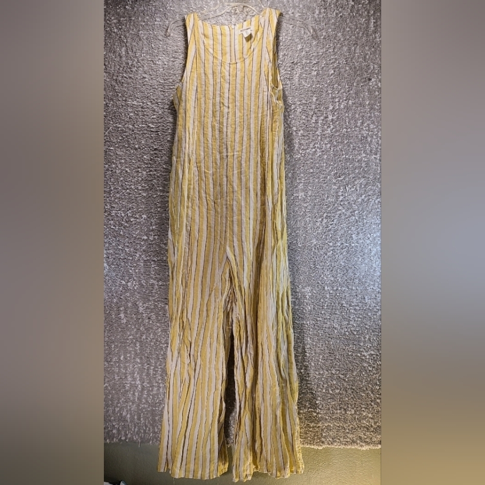 Rachel Zoe Jumpsuit 2 Yellow White Stripe Linen Coastal Flowy Beachy Wide Leg